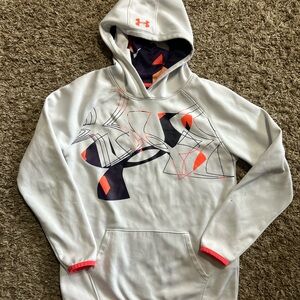 Under Armour White Hoodie with Abstract Orange and Black and Purple Design YLG